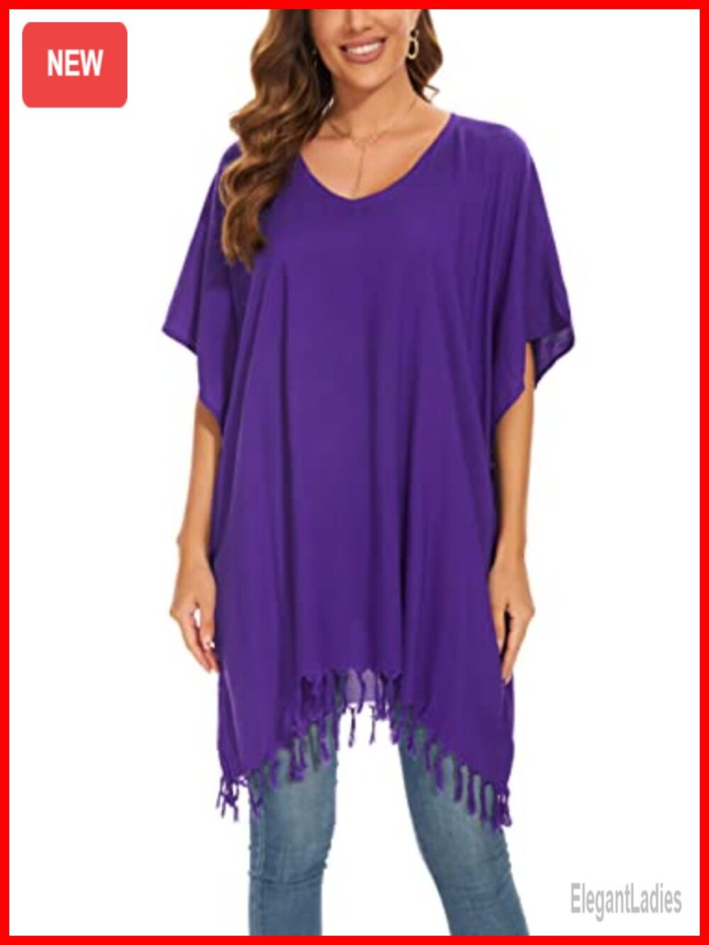 Women Solid V-Neck Tunic Blouse Caftan Loose Fringe Hem Top Plus Size